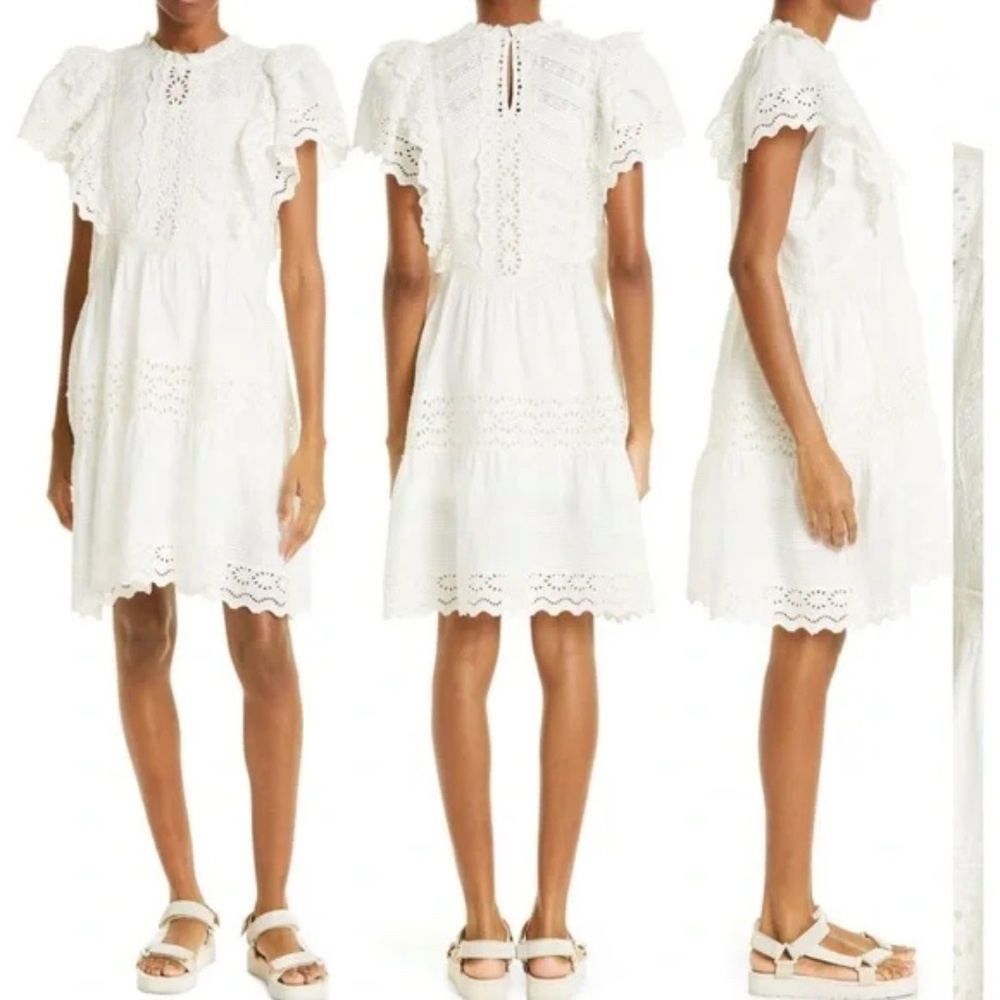 NWT- SEA NEW YORK Georgina S/S Cotton Eyelet Ruffle Tunic Dress in White, Size L